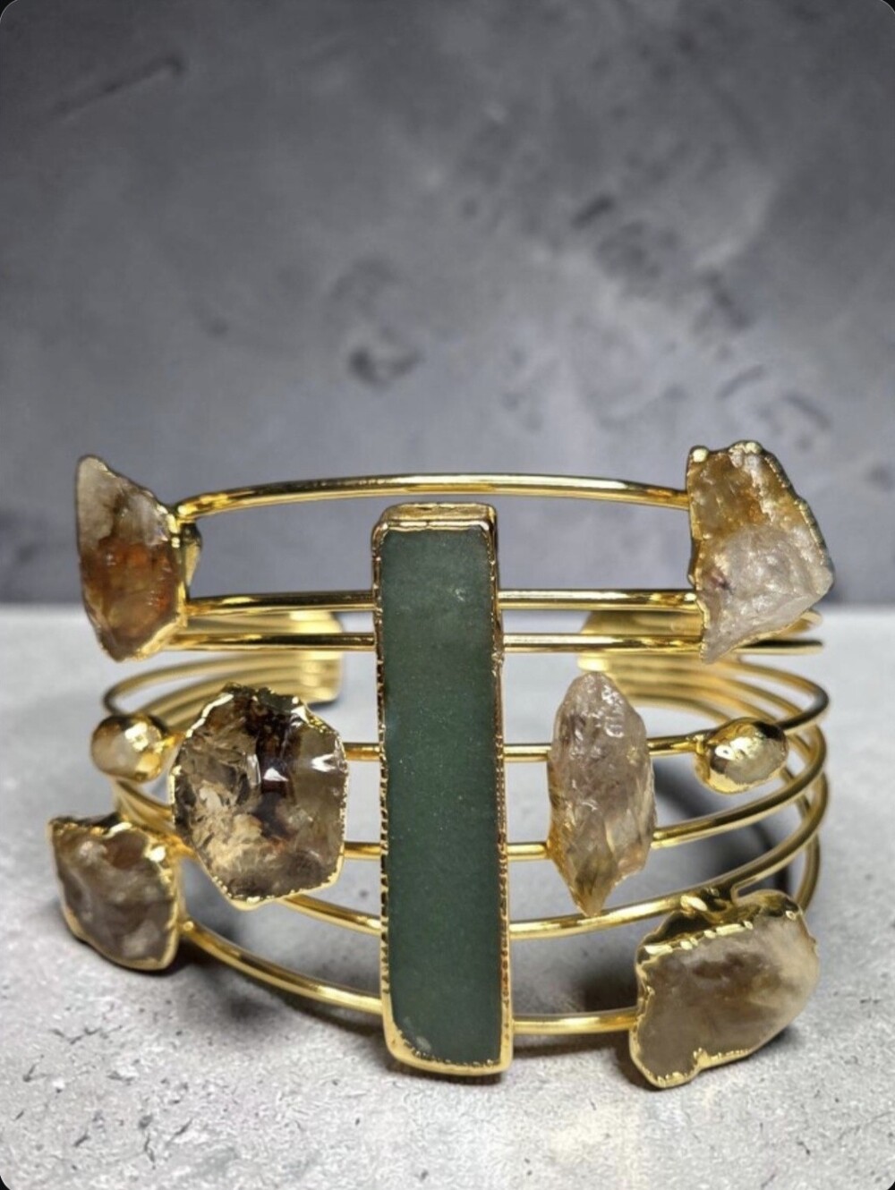 18k Gold Plated Artisan Serpentine Jade Raw Citrine Quartz Crystal Cuff Bracelet